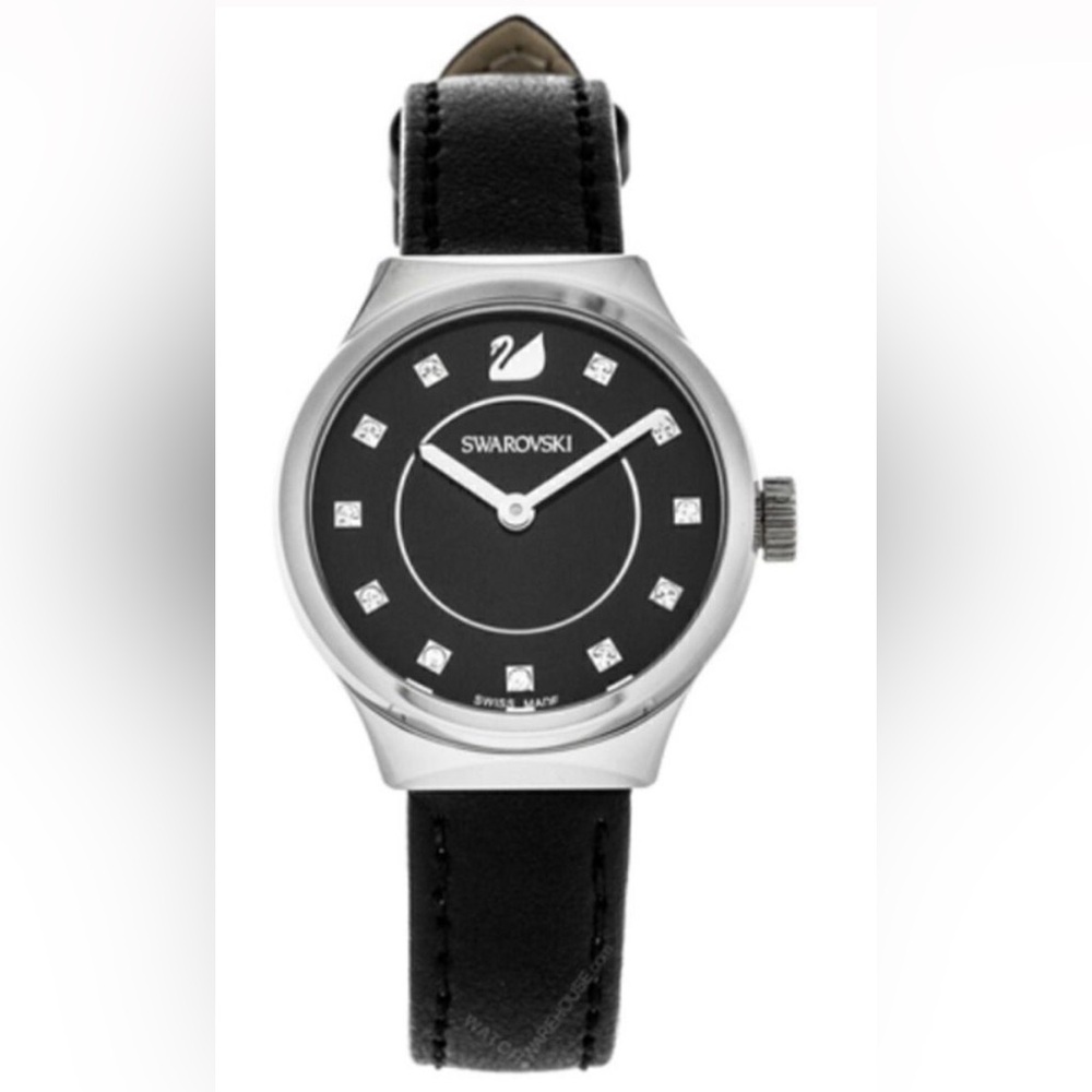 New SWAROVSKI Black Leather Dreamy Silver  Women's Watch